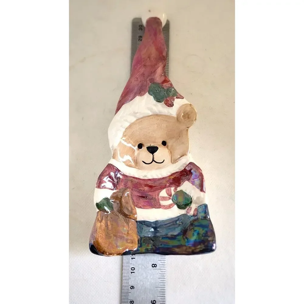 Vintage Christmas Teddy Bear Ceramic Spoon Rest Tea Bag Holder Santa Hat 9